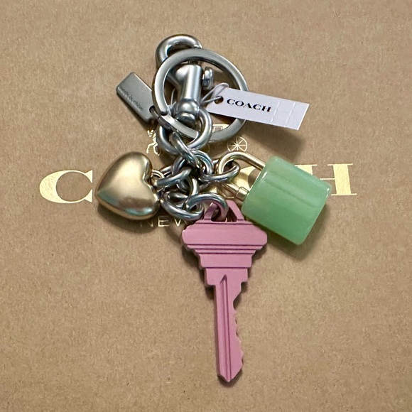 Coach Pink Key Green Lock Heart Cluster Keychain Fob Bag Charm - Picture 5 of 7
